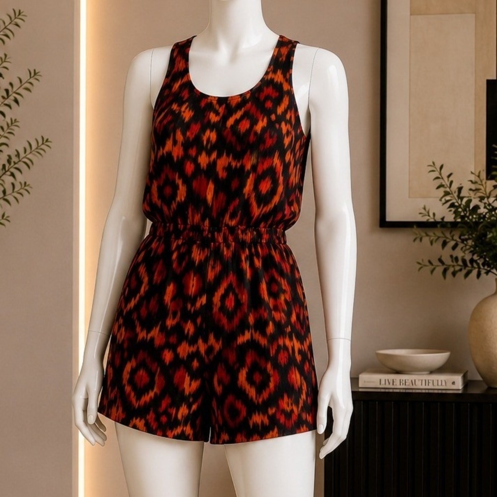 Hurley Womens Romper Ikat Print Racerback Sleeveless Red Black Medium